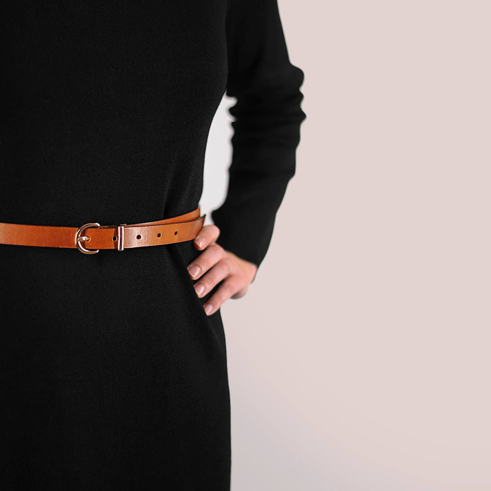 Bosswik Bælte smalt med guldspænde - Cognac