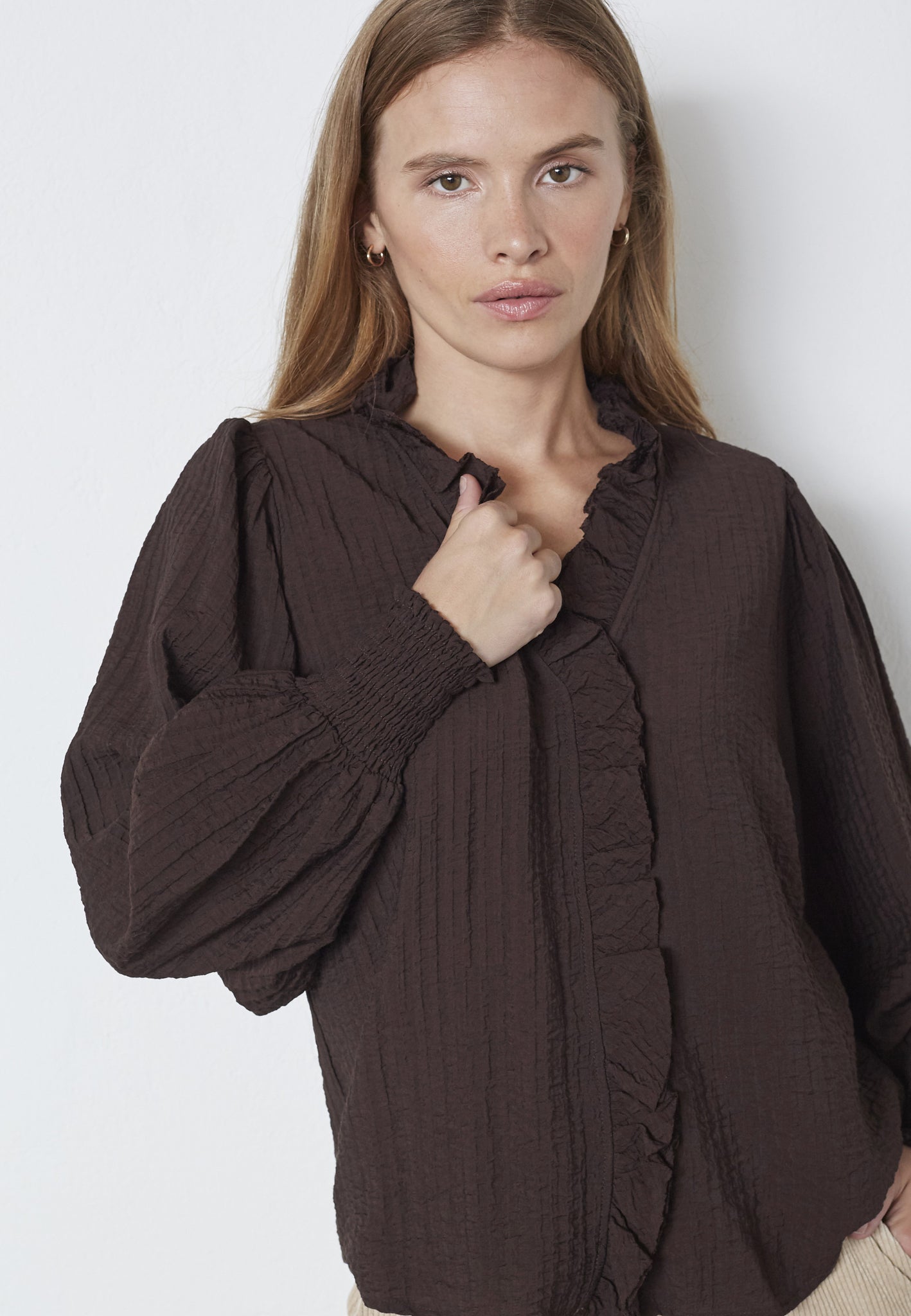 Co´Couture ShinaCC Frill LS Shirt - Dark Brown