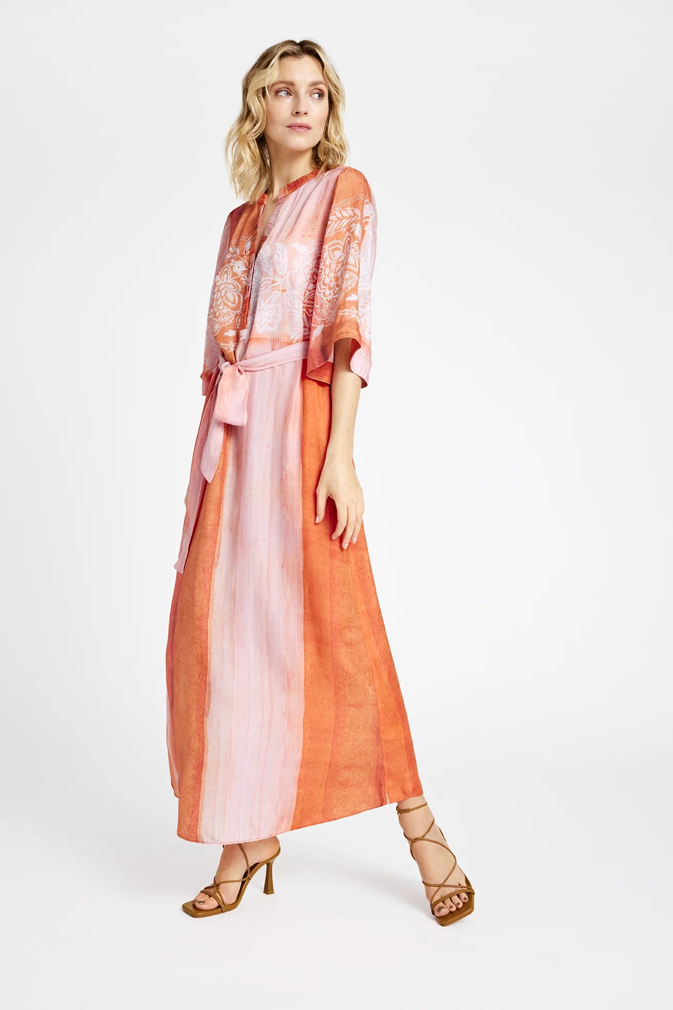Gustav Anika Long Dress W Belt - Orange Tulip Print