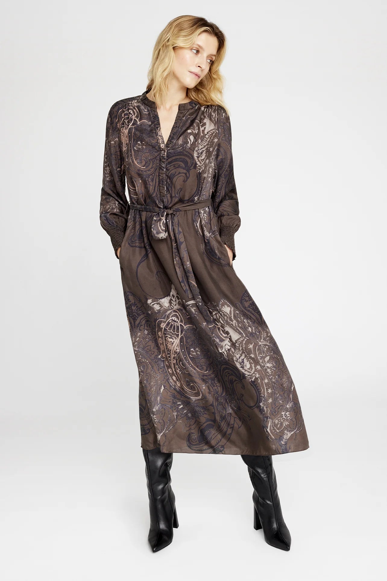 Gustav Anika Midi Dress With Belt - Brown Print