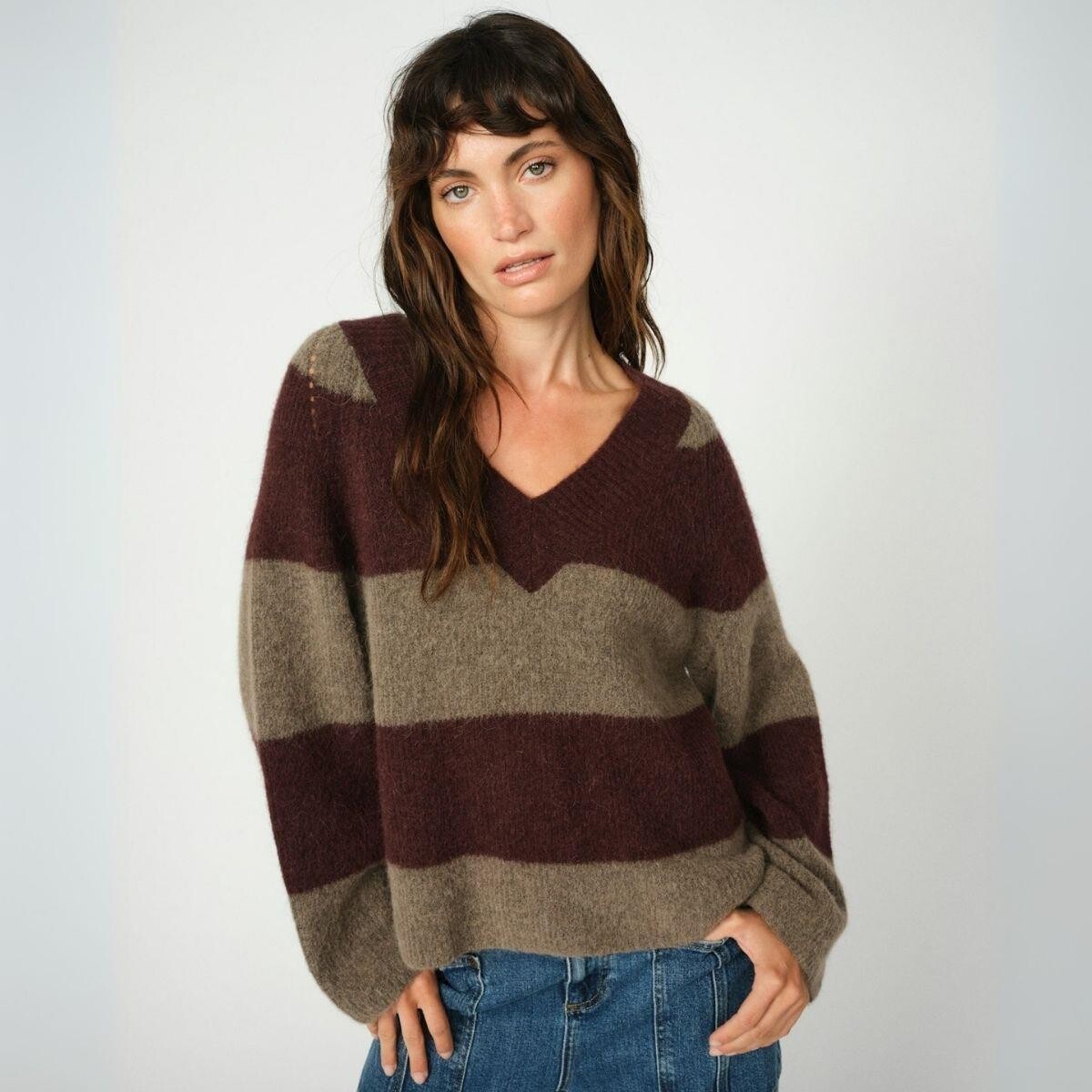 Mos Mosh MMTaci Stripe LS V-Neck Knit - Fudge