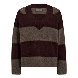 Mos Mosh MMTaci Stripe LS V-Neck Knit - Fudge
