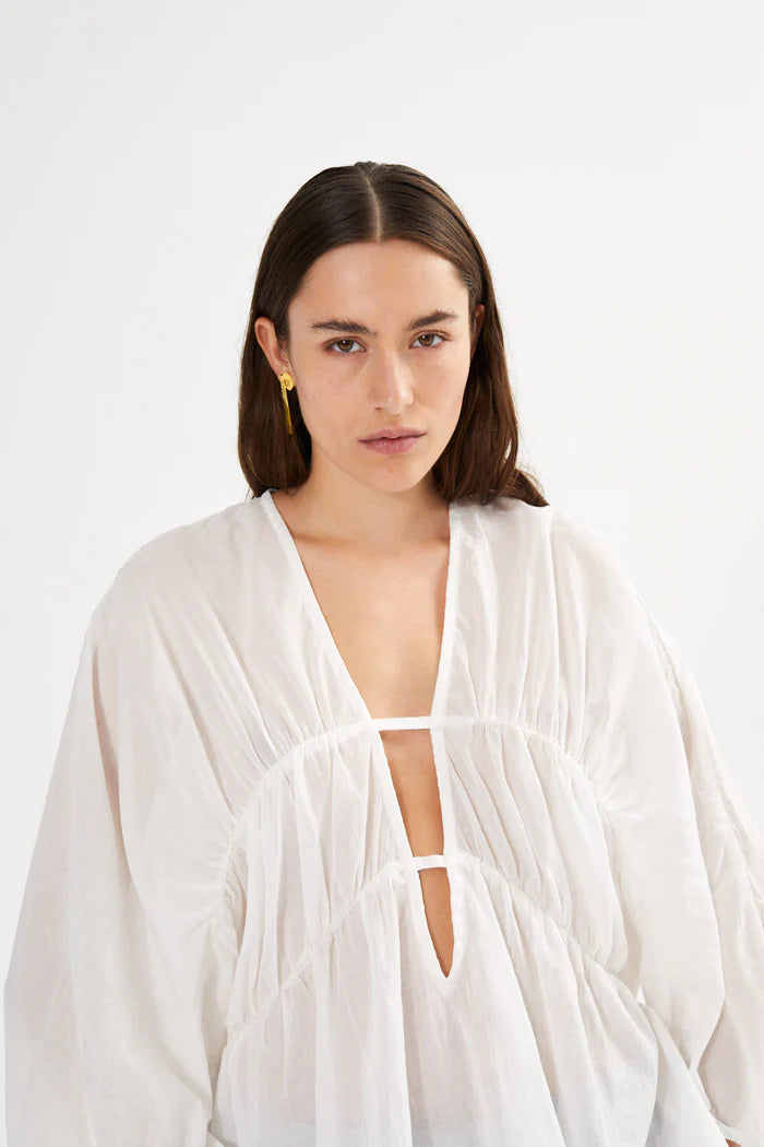 Rabens Saloner Corrie Cotton Voile Deep V-Neck Top - White