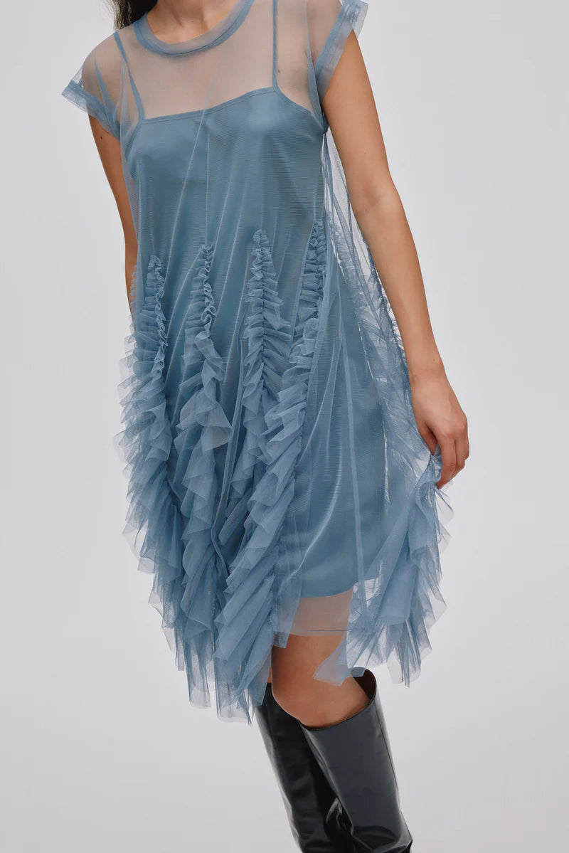 Rabens Saloner Ghita Frilly Tulle Dress - Dusty Blue