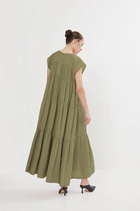 Rabens Saloner Gisele Cotton Flare Long Dress - Dry Moss