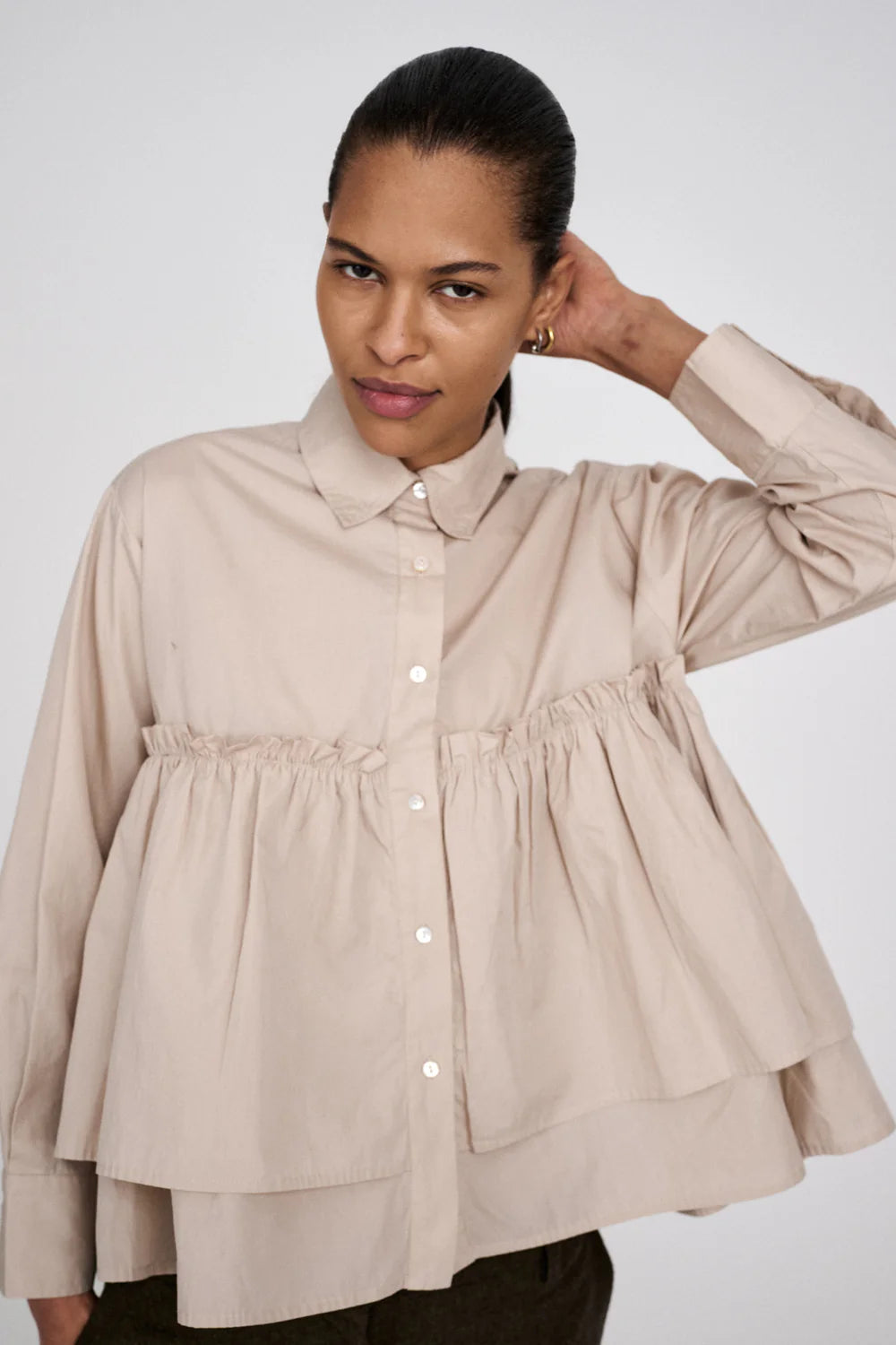 Rabens Saloner Shaker Poplin Frill Shirt - Powder