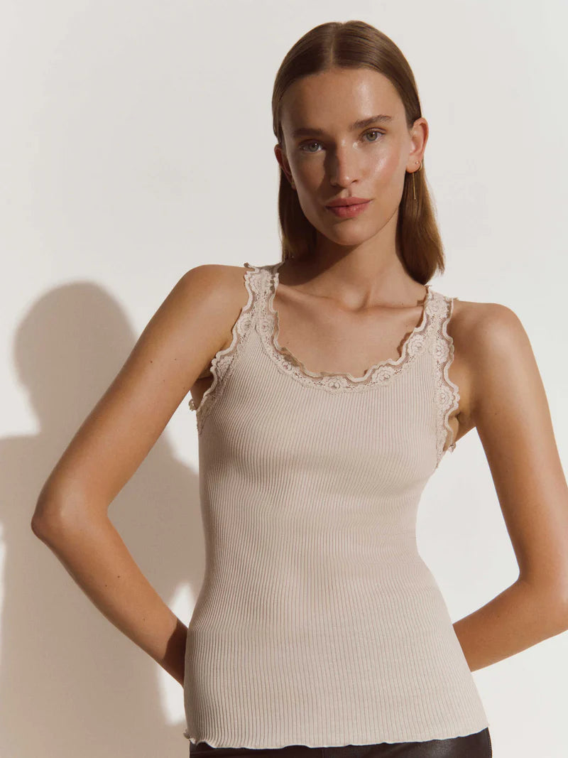 Rosemunde RWBabette Silk SL U-Neck Long Lace Top - Rainy Day